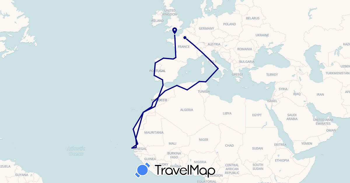 TravelMap itinerary: driving in Algeria, Spain, France, Italy, Morocco, Mauritania, Portugal, Senegal, Tunisia (Africa, Europe)