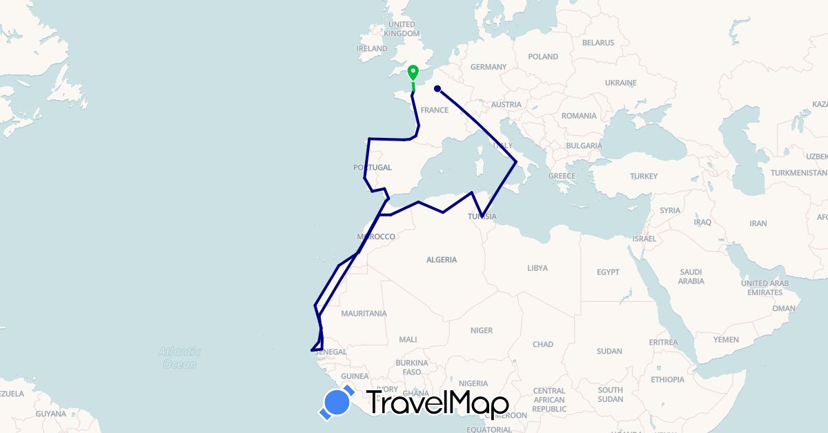 TravelMap itinerary: driving, bus in Algeria, Spain, France, Gibraltar, Italy, Morocco, Mauritania, Portugal, Senegal, Tunisia (Africa, Europe)